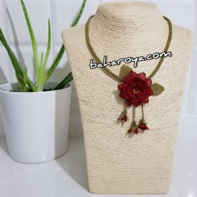 Handmade Turkish Crochet Needle Lace Pendulum Rose Necklace Red