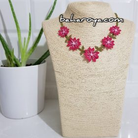 Handmade Turkish Crochet Needle Lace Garden Flower Necklace Pink