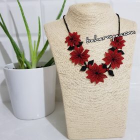 Handmade Turkish Crochet Needle Lace Garden Flower Necklace Red - Black No: 2
