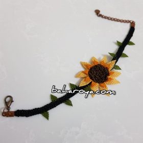 Handmade Turkish Crochet Needle Lace Sunflower Bracelet Special (Black Cord)