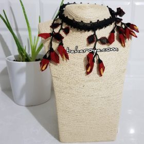 Handmade Turkish Crochet Needle Lace Wrap Calla Lily Necklace (Red - Black)