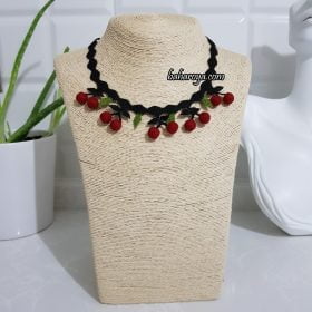 Handmade Turkish Crochet Needle Lace Hackberry Cherry Necklace (Black Cord)