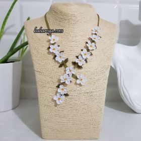Handmade Turkish Crochet Needle Lace Flowers In A Row Necklace White