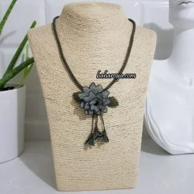 Handmade Turkish Crochet Needle Lace Pendulum Rose Necklace Gray