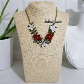 Handmade Turkish Crochet Needle Lace Star Necklace Red - White No: 2