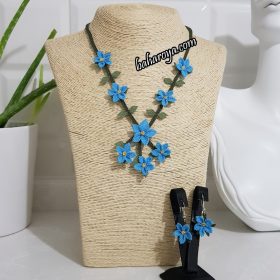 Handmade Turkish Crochet Needle Lace Land of Flowers Necklace - Earrings Set Blue