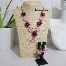 Handmade Turkish Crochet Needle Flowers In A Row Necklace - Earrings Set Damson - Pink