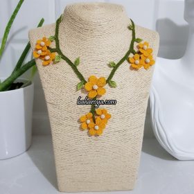 Handmade Turkish Crochet Needle Lace Spring Flowers of Fatoş Necklace No: 2 Orange