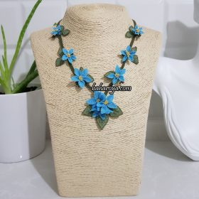 Handmade Turkish Crochet Needle Lace Zehra Necklace Blue