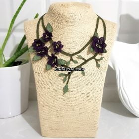 Handmade Turkish Crochet Needle Lace Gökçe Necklace No: 2 (Signature of Sultan) Purple
