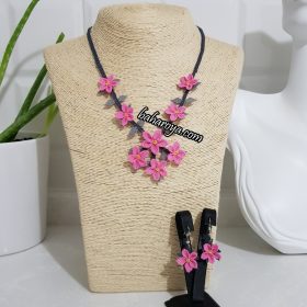Handmade Turkish Crochet Needle Lace Land of Flowers Necklace - Earrings Set Pink