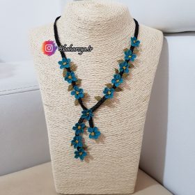 Handmade Turkish Crochet Needle Lace Flowers In A Row Necklace Petrol Blue