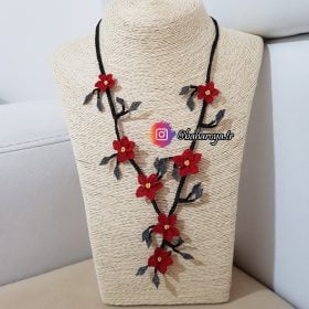 Needle Lace Ecrin Necklace Red - Black No: 3