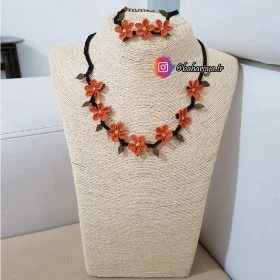 Needle Lace Zigzag Necklace-Bracelet Set Salmon