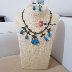 Needle Lace Cranberry Necklace - Earrings Set Blue
