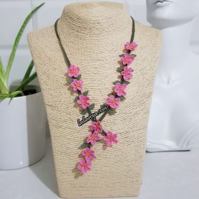 Handmade Turkish Crochet Needle Lace Flowers In A Row Necklace Pink