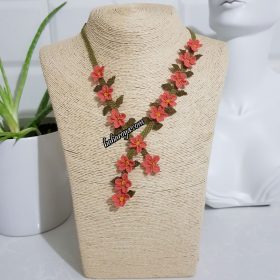 Handmade Turkish Crochet Needle Lace Flowers In A Row Necklace Salmon