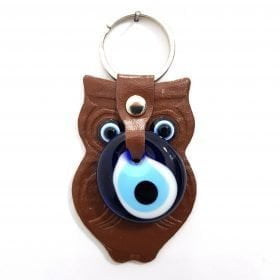 Vegan Leather Owl Figure Evil Eye Keychain Brown
