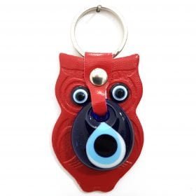 Vegan Leather Owl Figure Evil Eye Keychain Red