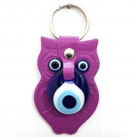 Vegan Leather Owl Figure Evil Eye Keychain Dark Pink