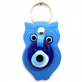 Vegan Leather Owl Figure Evil Eye Keychain Blue