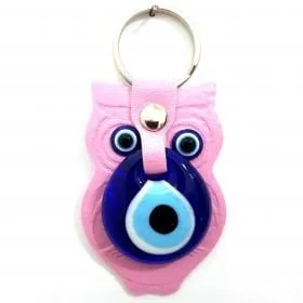 Vegan Leather Owl Figure Evil Eye Keychain Light Pink