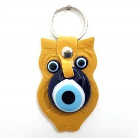 Vegan Leather Owl Figure Evil Eye Keychain Yellow