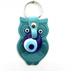 Vegan Leather Owl Figure Evil Eye Keychain Turquoise