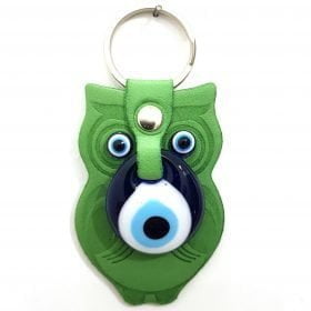 Vegan Leather Owl Figure Evil Eye Keychain Green