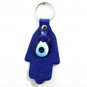 Vegan Leather Hand of Fatıma - Hamsa Figure Evil Eye Keychain Navy Blue