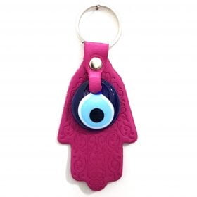 Vegan Leather Hand of Fatıma - Hamsa Figure Evil Eye Keychain Pink