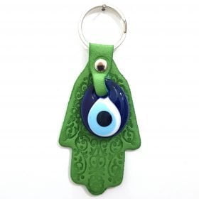Vegan Leather Hand of Fatıma - Hamsa Figure Evil Eye Keychain Green
