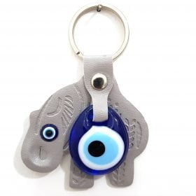 Vegan Leather Elephant Figure Evil Eye Keychain Gray