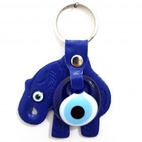 Vegan Leather Elephant Figure Evil Eye Keychain Navy Blue