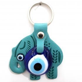 Vegan Leather Elephant Figure Evil Eye Keychain Turquoise