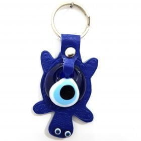 Vegan Leather Turtle Figure Evil Eye Keychain Navy Blue