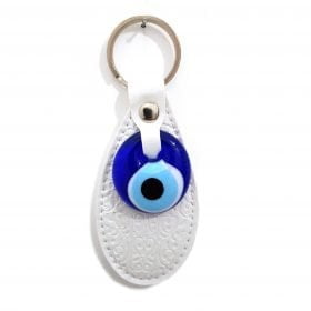 Vegan Leather Oval Figure Evil Eye Keychain White