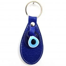 Vegan Leather Oval Figure Evil Eye Keychain Navy Blue