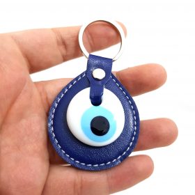 Rain Drop Evil Eye Keychain Navy Blue - White