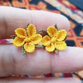 Needle Lace Wild Flower Stud Earrings Mustard Yellow
