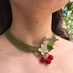 Needle Work Elegant Flower Cherry Necklace